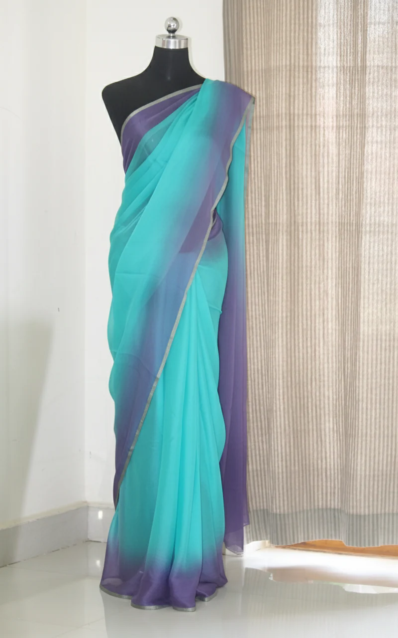 Double shaded pure silk chiffon saree Blue
